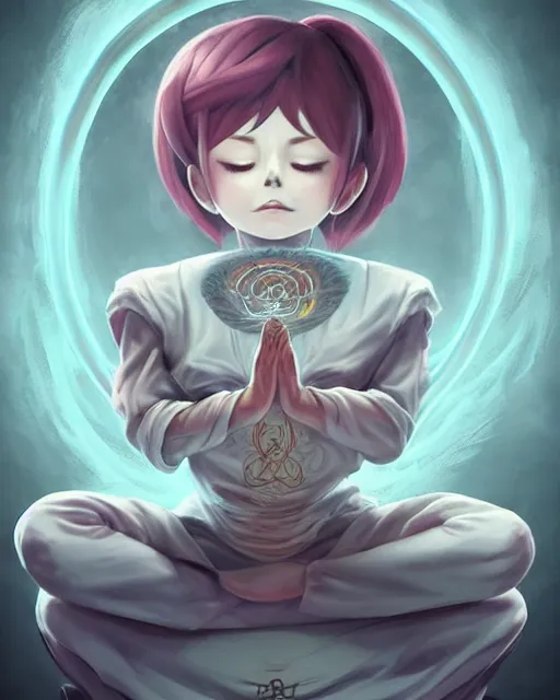 Image similar to a tiny cute demon floating while meditating and wrapped in sacred scrolls, smooth, intricate, elegant, digital painting, artstation, power runes, pulsing energy, concept art, sharp focus, octane render, illustration, art by shintaro kago and josan gonzalez, overwatch character,