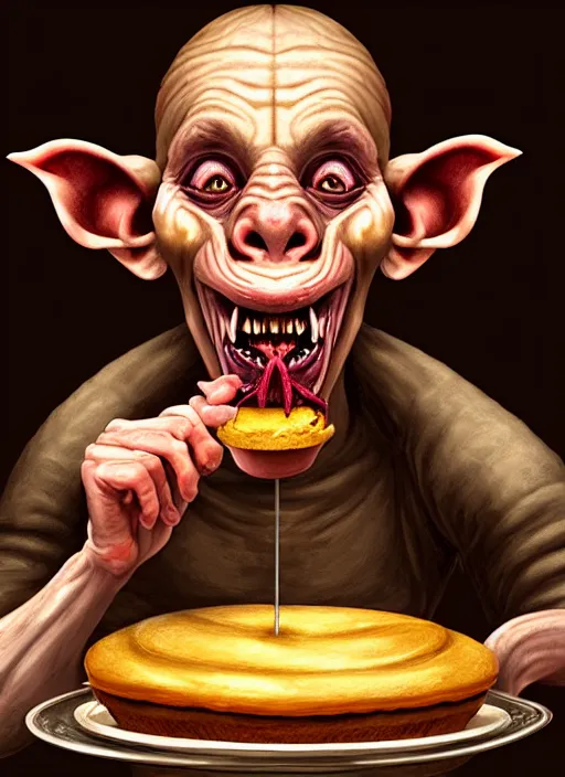 Prompt: portrait of a medieval goblin eating cakes in the cloisters beautiful face hyper realistic highly detailed digital painting artstation illustration co