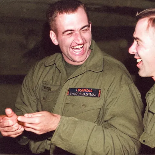 Prompt: a high quality color creepy atmospheric dimly lit extreme closeup film 3 5 mm depth of field photograph of 2 men wearing army fatigues laughing hysterically having casual conversation inside a top secret military base in antarctica in 1 9 8 2