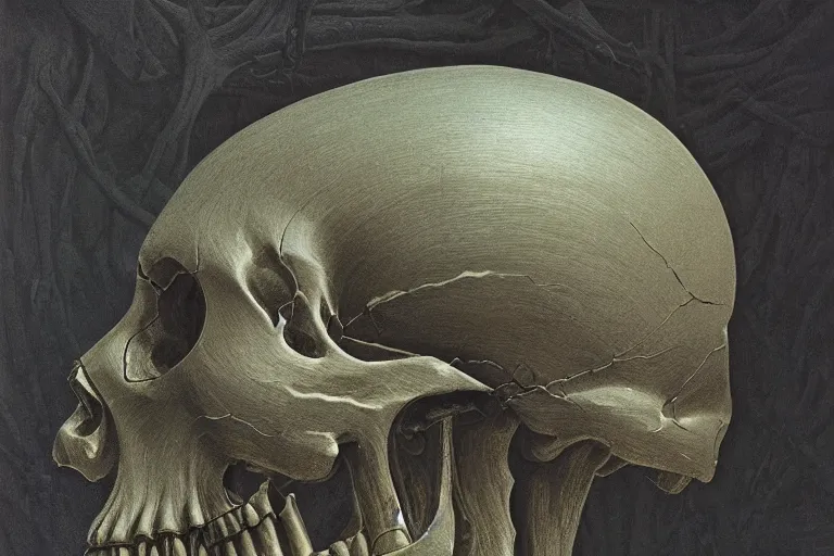 Prompt: intricate, smooth, large metallic skull atop coil of smooth spinal columns, inside a dark room, style by caspar david friedrich and wayne barlowe and ted nasmith.