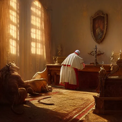 Image similar to the pope is in his bedroom, terrified because a horned demon is attacking him. highly detailed painting by gaston bussiere, greg rutkowski, craig mullins 8 k