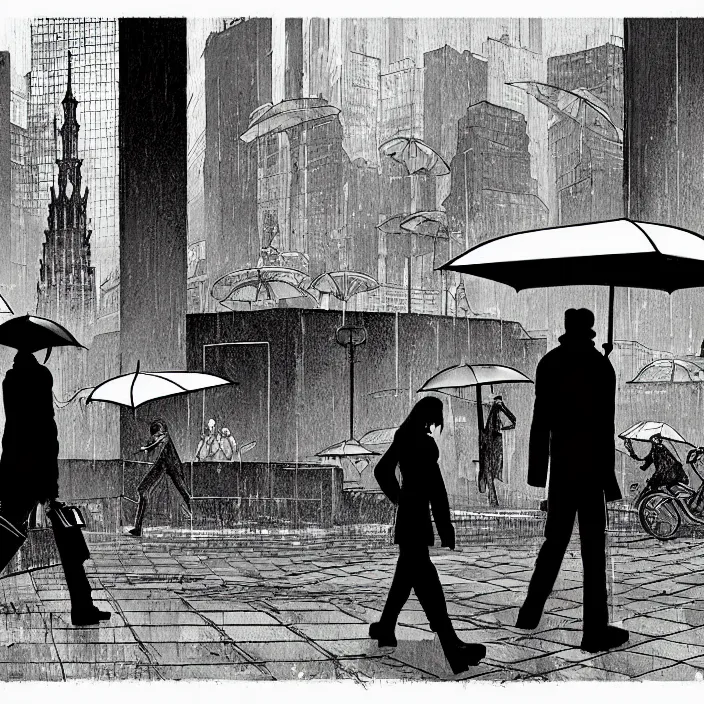 Image similar to sales stall selling umbrellas, in a square, pedestrians walk past. background of old soviet monument. storyboard, scifi cyberpunk. by gabriel hardman, joe alves, chris bonura. cinematic atmosphere, detailed and intricate, perfect anatomy