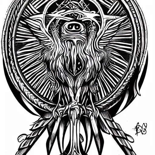 Image similar to three eyed raven as ouroboros mystic occult illustration for tattoo, symbolism mythos, highly detailed line drawing, design concepts