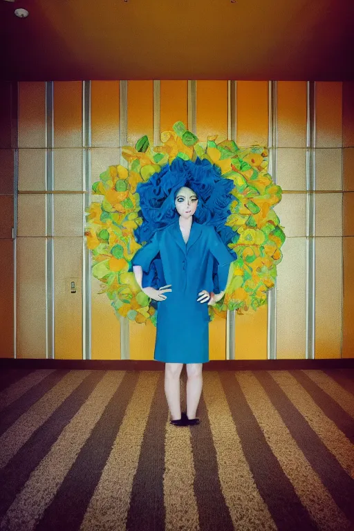 Image similar to giant flower head, frontal, girl standing in mid century hotel, surreal, symmetry, bright colors, cinematic, wes anderson