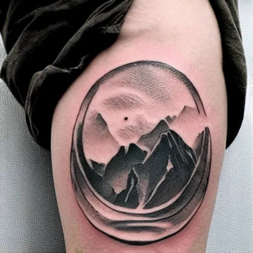 Prompt: double - exposure tattoo of megan fox and beautiful mountains, in the style of dan mountford