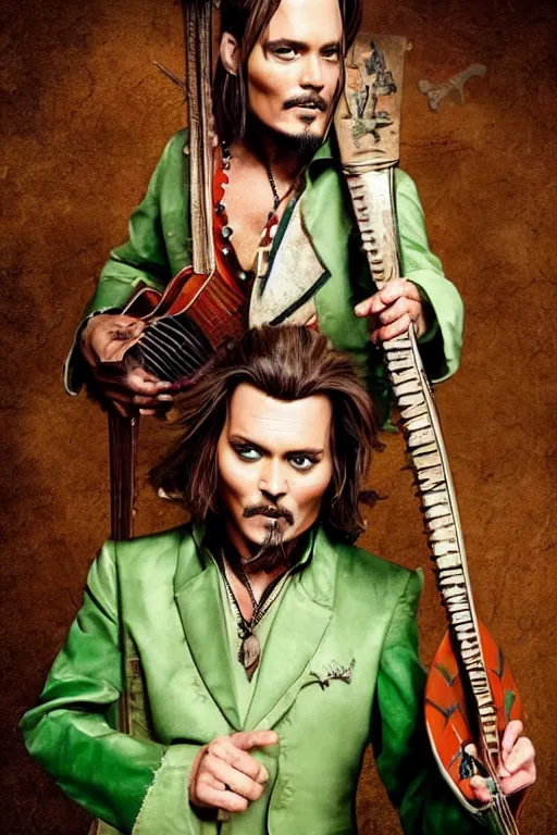 Image similar to Breathtaking comic book style of Johny Depp portrayed as a Dungeons and Dragons bard, playing the lute and wearing a pale green jacket in the style of Ralph Dorsey