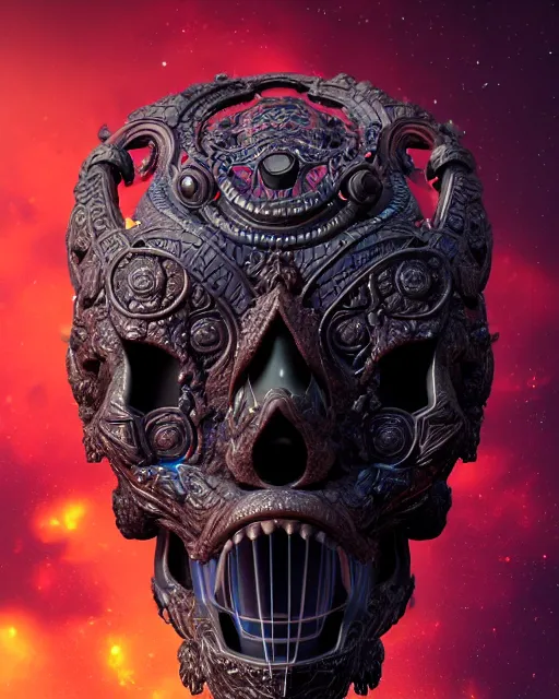 Image similar to 3 d ornate carved dark cosmic warrior with profile portrait, sigma 5 0 0 mm f / 5. beautiful intricate highly detailed quetzalcoatl skull. bioluminescent, plasma, lava, ice, water, wind, creature, thunderstorm! artwork by tooth wu and wlop and beeple and greg rutkowski, 8 k trending on artstation