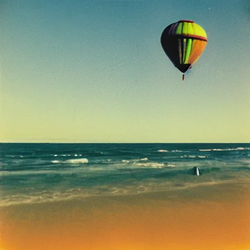 Prompt: a futuristic hot air balloon floats over a beach at violet and yellow sunset, whimsical and psychedelic art style, polaroid photo, grainy, colorful, expired film