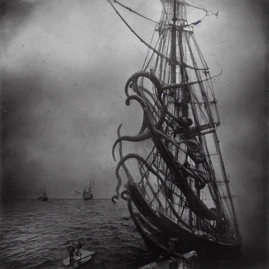 Image similar to the bluenose schooner is being attacked by a giant squid. wet plate photography