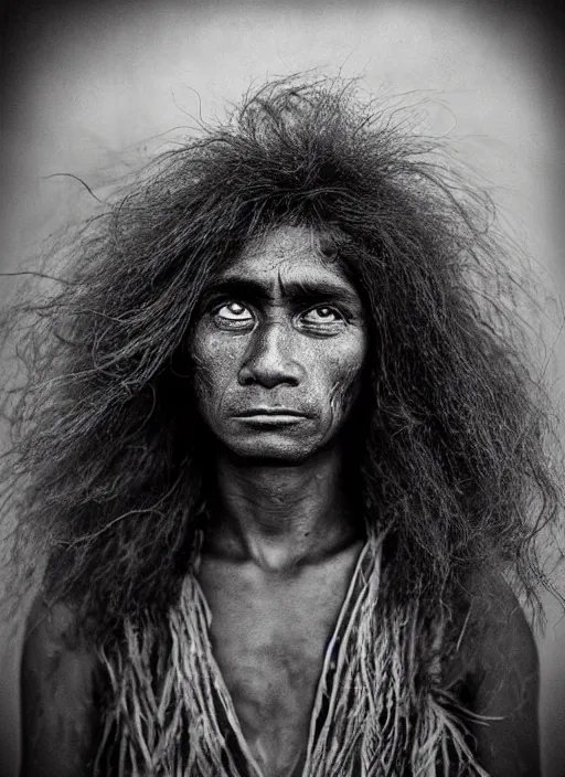 Image similar to Award winning Editorial photo of a Native Nauruans with incredible hair and beautiful hyper-detailed eyes wearing traditional garb by Lee Jeffries, 85mm ND 5, perfect lighting, gelatin silver process