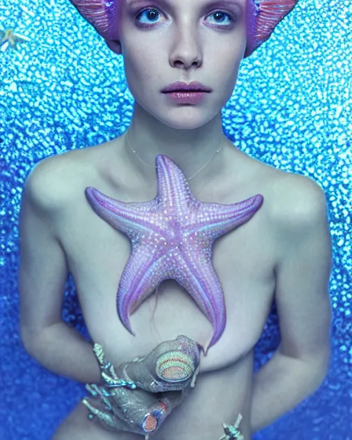 Image similar to natural light, soft focus portrait of a cyberpunk anthropomorphic starfish with soft synthetic pink skin, blue bioluminescent plastics, smooth shiny metal, elaborate ornate head piece, piercings, skin textures, by annie leibovitz, paul lehr