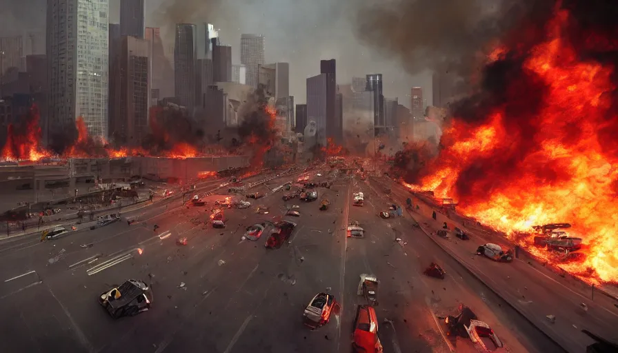 Image similar to Los Angeles on chaos with riots in the streets, burning cars with ashes, smoke columns, burning buildings, police cars, helicopters, dust, hyperdetailed, artstation, cgsociety, 8k