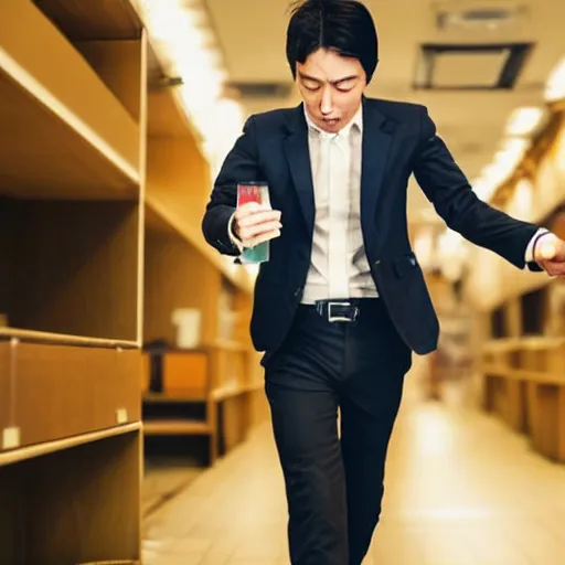 Prompt: japanese salary man leaving work drunk, sad atmosphere