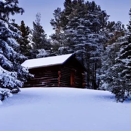 Image similar to cabin in the snowy mountains with wolves in the background under a full moon with pine trees