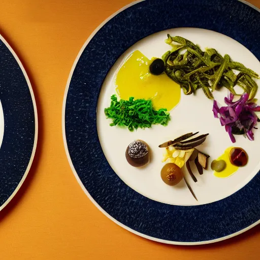 Prompt: brilliant food dish from Alinea 2023 - photograph of plate from above 1920x1080
