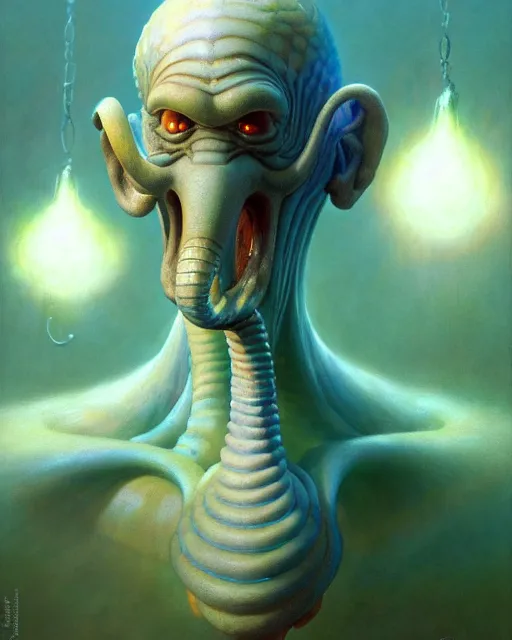 Prompt: squidward from spongebob squarepants, radiant light, caustics, by boris vallejo, gaston bussiere, bayard wu, greg rutkowski, giger, maxim verehin