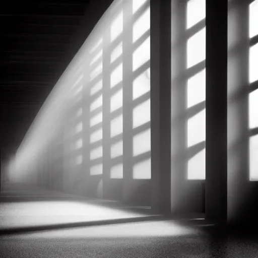 Image similar to light shining through a foggy hallway, dramatic