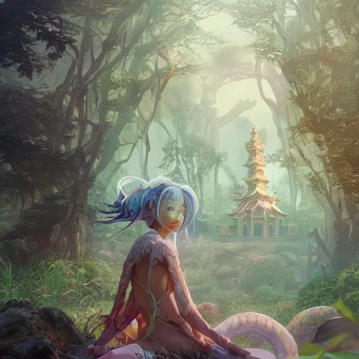 Image similar to breathtaking portrait of fantasy sorceress bright temple surrounded by lush forest meadow, by Hsiao-Ron Cheng and James jean and Miho Hirano and Hayao Miyazaki, octane render, RPG portrait, ambient light, dynamic lighting