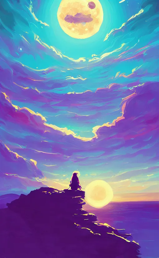 Image similar to a beautiful illustration of the sun king at night, art of alena aenami, featured on artstation, vertical orientation, paint brush strokes, expressionism, brushstroke - laden, breathtaking clouds, birds, ocean, beautiful stars, long exposure, big moon radius, airy midnight theme, blue purple gradient, lens flare