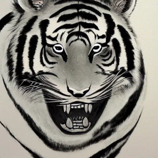 Image similar to tiger head, inkwash painting, highly detailed, traditional japanese art,