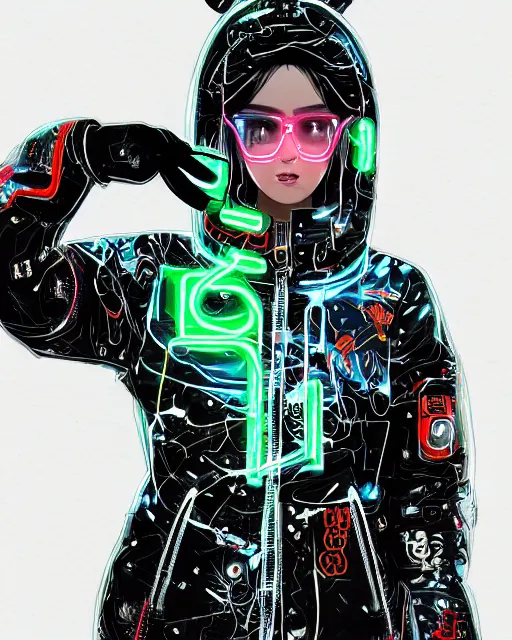 Image similar to detailed portrait Neon Operator Girl, cyberpunk futuristic neon, reflective puffer jacket, black leggings, decorated with traditional Japanese ornaments by Ismail inceoglu dragan bibin hans thoma !dream detailed portrait Neon Operator Girl, cyberpunk futuristic neon, reflective puffy coat, decorated with traditional Japanese ornaments by Ismail inceoglu dragan bibin hans thoma greg rutkowski Alexandros Pyromallis Nekro Rene Maritte Illustrated, Perfect face, fine details, realistic shaded, fine-face, pretty face