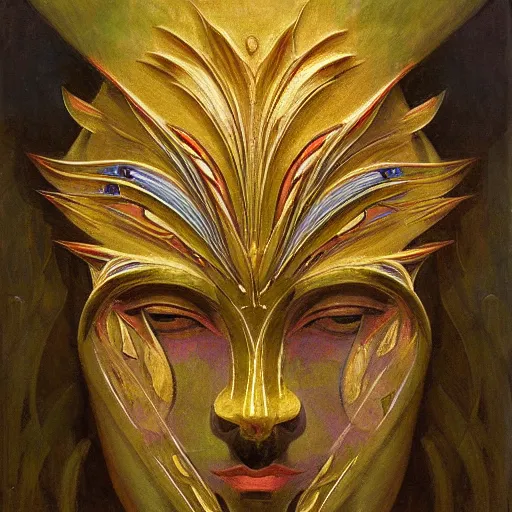 Prompt: masterpiece painting of a facemask made of stylized flowers, by annie swynnerton and jean delville and tino rodriguez and john watkiss, flower mask, art deco shaman, symbolist, dramatic lighting, god rays, elaborate geometric ornament, modern realism, clean crisp graphics, soft cool colors, smooth, sharp focus, extremely detailed