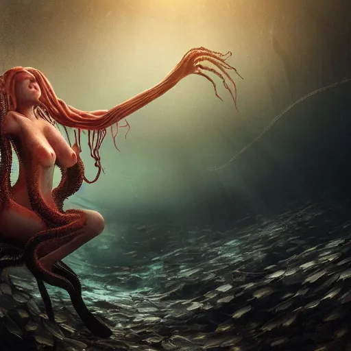 Image similar to beautiful, terrifying, demonic, full body female, with the body of a goddess, with parasitic tentacles crawling up her, in a underwater horror scene, photo realistic, dramatic cinematic lighting, octane render, 4k, ultra detailed,