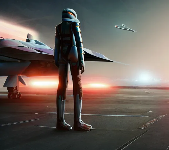 Image similar to fighter pilot stands beside futuristic sci fi fighter jet landed at runway of cyberpunk city ,dark cinematic lighting , digital concept art