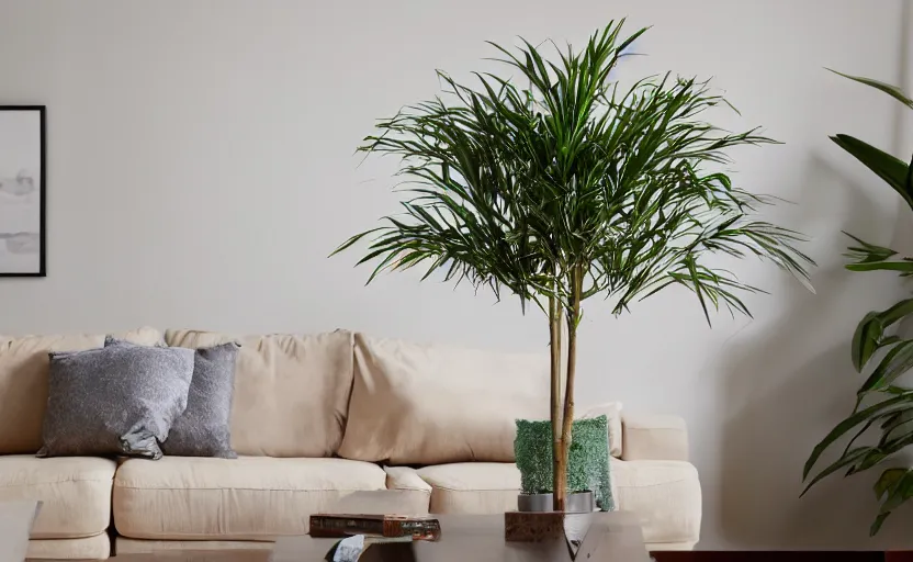 Image similar to A photograph of dracena marginata in a living room, cinematic lightning, 4K