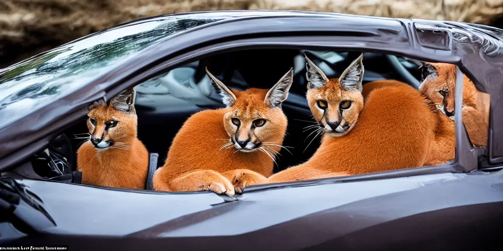 Image similar to caracal in a ferrari with beautiful women in his car, awarding winning photo, incredible detail, sony 3 5 mm lens