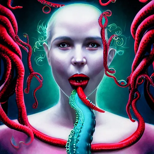 Image similar to highly photorealistic expired fuji film portrait of woman with long tentacled red tongue combined with stranger creatures, in the style of frank bairstow, artgerm, james cameron, marvel comics, ridley scott, cinematic lighting, imax quality, 8 k, award winning photography