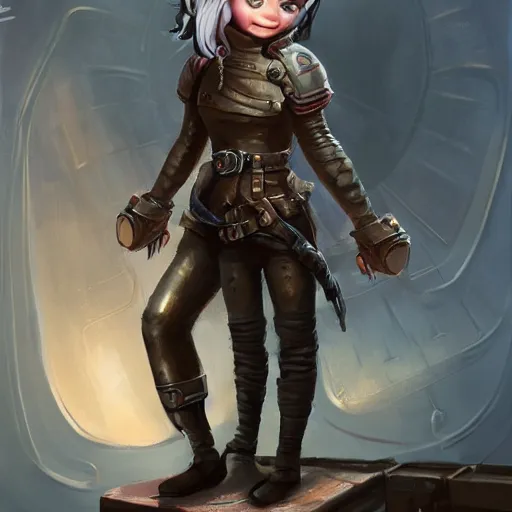 Prompt: full body character design, scrappy female gnome mechanic with pixie undercut hair and one prosthetic metal gauntlet arm standing on a ship deck, naval background, fantasy, D&D, full body portrait, highly detailed, digital painting, HD, trending on ArtStation, dark fantasy, great composition, concept art, matte, sharp focus, illustration, art by artgerm and greg rutkowski