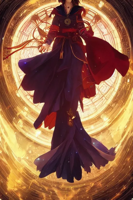 Image similar to anime key visual of a beautiful young female doctor strange, marvel comics, spells, magic, intricate, magical village, stunning, highly detailed, digital painting, artstation, smooth, hard focus, illustration, art by artgerm and greg rutkowski and alphonse mucha