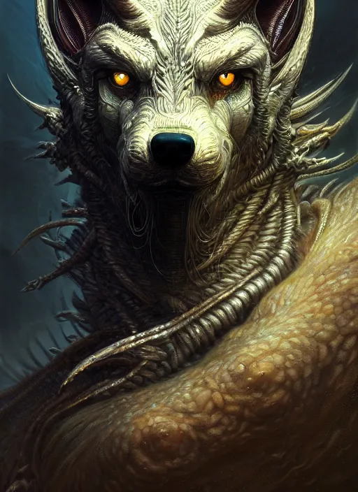 Prompt: closeup portrait shot of a fenrir in a scenic dystopian environment, intricate, elegant, highly detailed, centered, digital painting, artstation, concept art, smooth, sharp focus, illustration, artgerm, tomasz alen kopera, peter mohrbacher, donato giancola, joseph christian leyendecker, wlop, boris vallejo