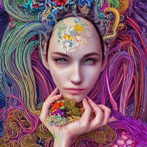 Image similar to the portrait of a ridiculously beautiful and elegant woman partially made of onion rings of all colors, an ultrafine detailed illustration by james jean, final fantasy, intricate linework, bright colors, behance contest winner, vanitas, angular, altermodern, unreal engine 5 highly rendered, global illumination, radiant light, detailed and intricate environment