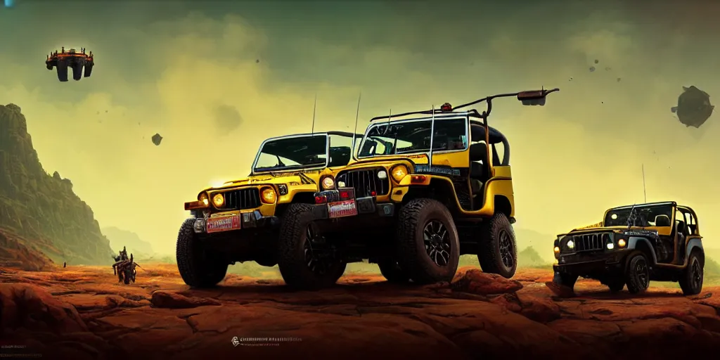 Image similar to Mahindra thar, furious chasing, action scene, an epic fantasy, dramatic lighting, cinematic, establishing shot, extremely high detail, photorealistic, cinematic lighting, matte painting, artstation, by simon stalenhag, horizon forbideen west