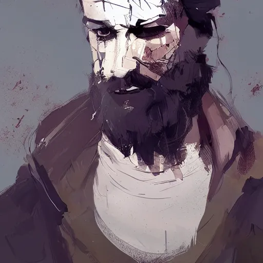 Image similar to human male character art, by Ismail Inceoglu, dark hair, beard, sunken eyes, scars, shabby clothes, digital art, dungeons and dragons, art