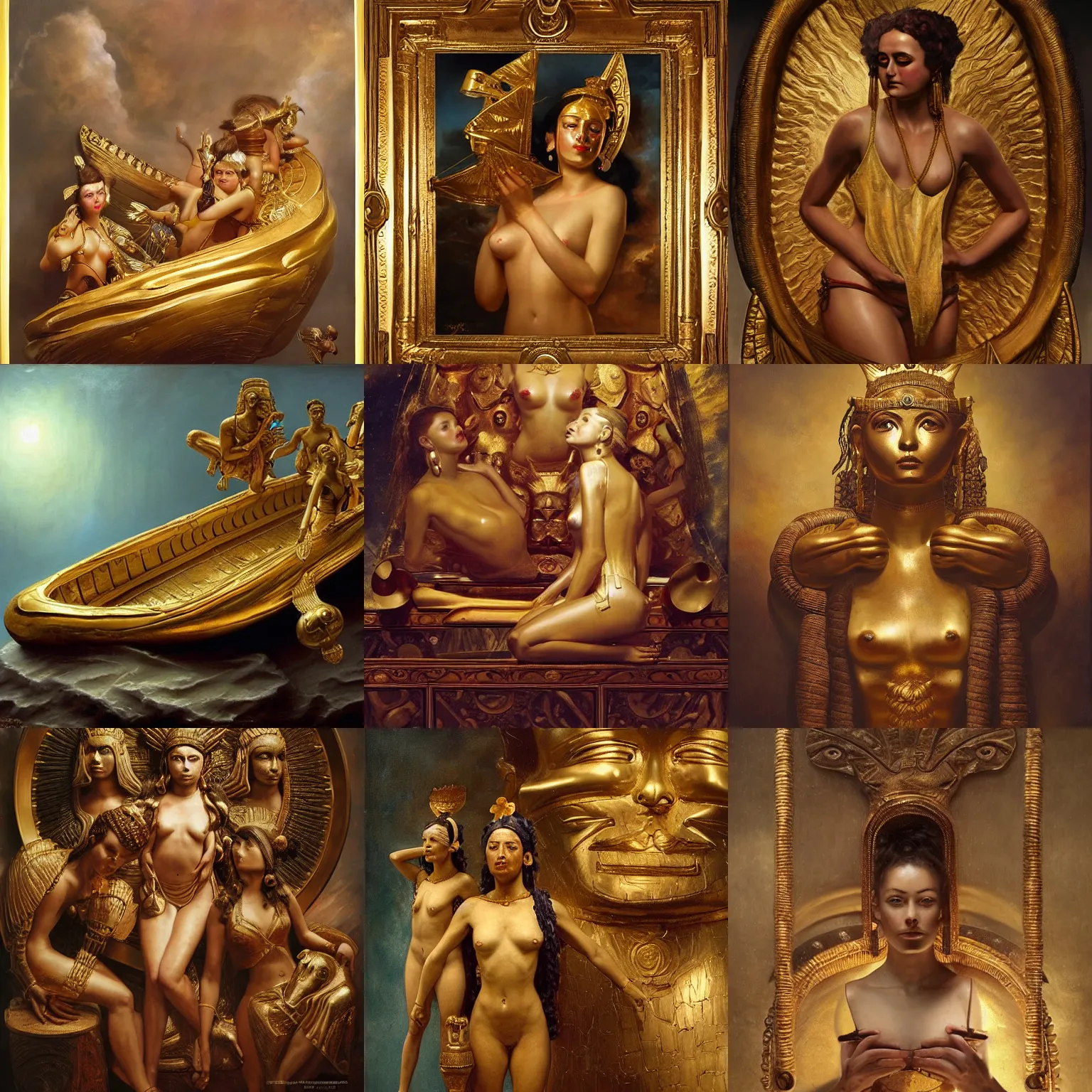 Prompt: miniatures pre - columbian gold boat sculptures in a museum!!!!!! | by roberto ferri, by tom bagshaw, by j. c. leyendecker and klimt, american romanticism, artstation, cgsociety, highly detailed oil painting, very intricate, cinematic lighting, award - winning