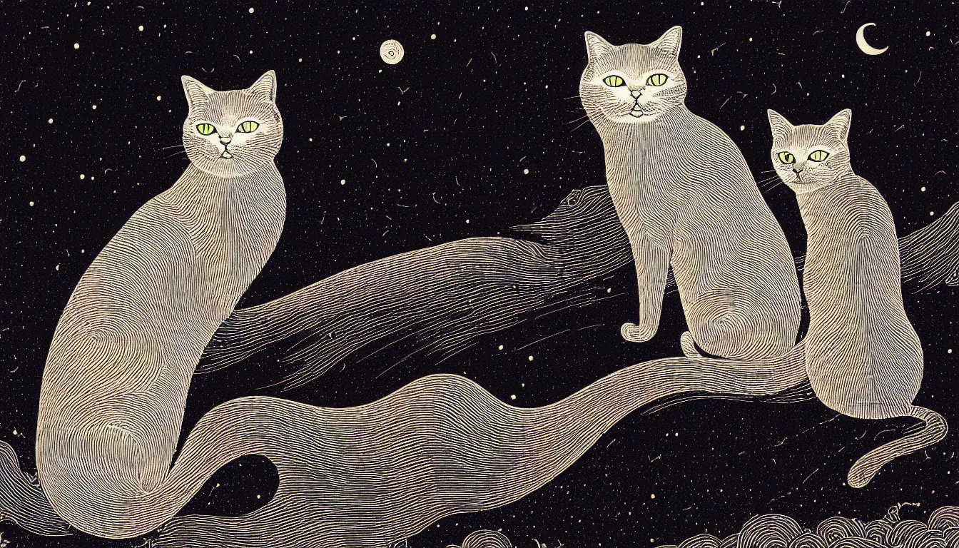 Prompt: a cat looking at the night sky by woodblock print, nicolas delort, moebius, victo ngai, josan gonzalez, kilian eng
