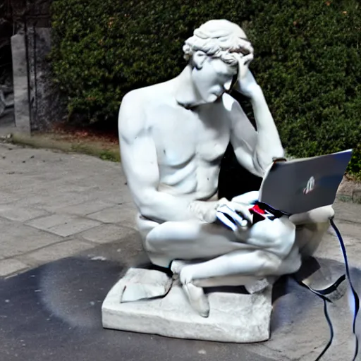 Image similar to a marble statue having trouble working on his laptop