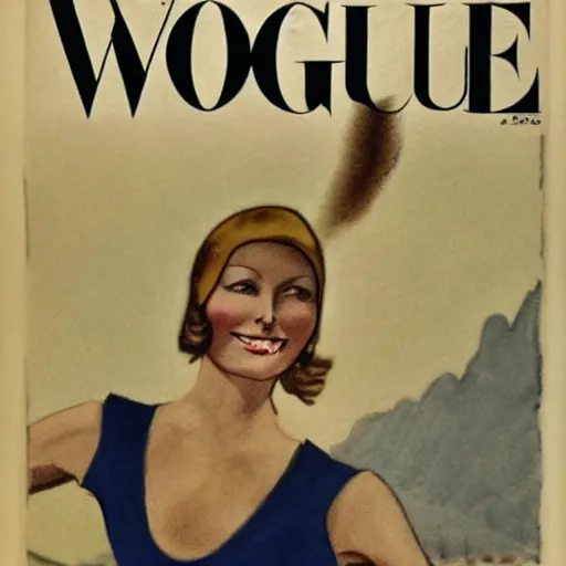 Image similar to a 1 9 2 8 cover of vogue. happy, healthy, beautiful, smiling, young, sporty, glowing greta garbo in decent athletic wear. realistic detailed color drawing