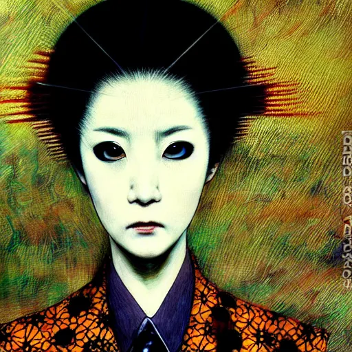 Image similar to yoshitaka amano blurred and dreamy realistic three quarter angle portrait of a woman with weird makeup and black eyes wearing dress suit with tie, junji ito abstract patterns in the background, satoshi kon anime, noisy film grain effect, highly detailed, renaissance oil painting, weird portrait angle, blurred lost edges