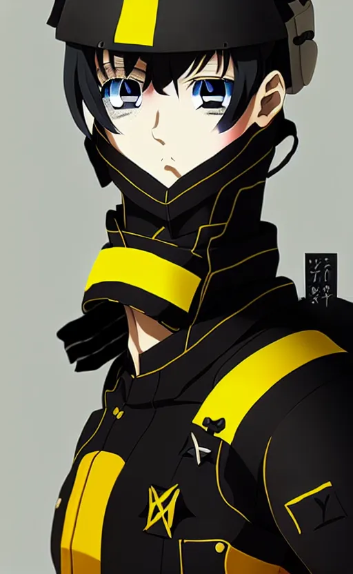 Image similar to anime portrait of a vicious helldiver scout soldier, black armor with yellow accents, ilya kuvshinov, anime, pixiv top monthly, trending on artstation, cinematic, danbooru, zerochan art, kyoto animation