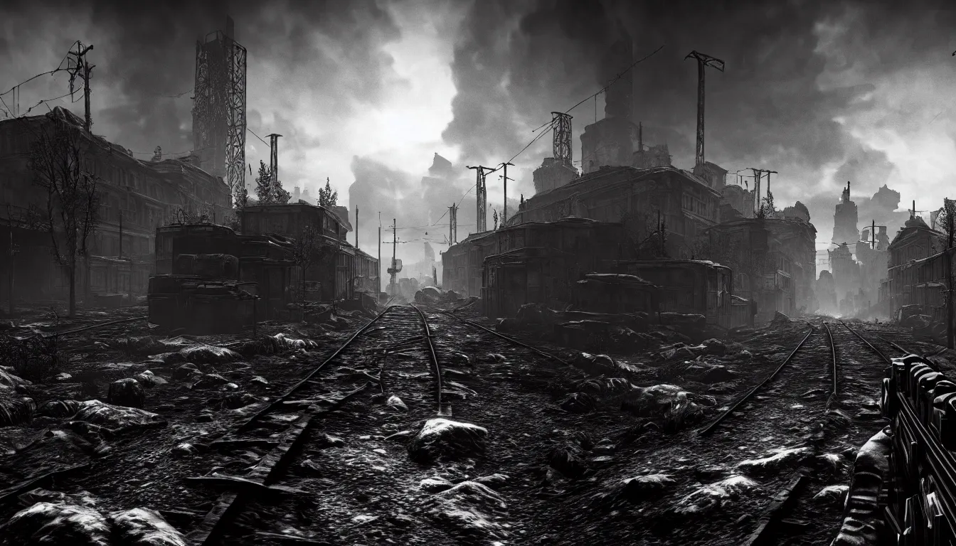 Image similar to metro exodus style, city in the horizon, dark, atmospheric, scary, claustrophobic, ambient vibe, very detailed, black and white, 4 k