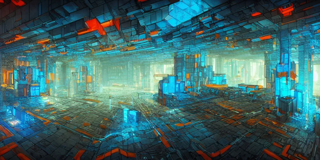 Prompt: cyberpunk dungeon, ancient caves, blue and orange neon lines along the wall,, large cubic blocks line the floor, bluestone walls, trending on artstation