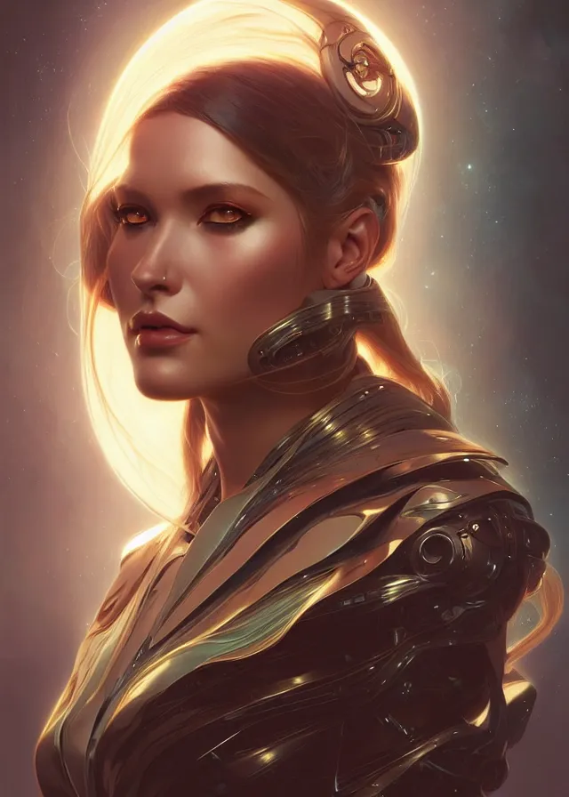 Image similar to futuristic woman portrait, sci-fi, amber eyes, face, long hair, fantasy, intricate, elegant, highly detailed, digital painting, artstation, concept art, smooth, sharp focus, illustration, art by artgerm and greg rutkowski and alphonse mucha