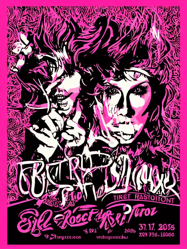 Image similar to vector art concert poster for a glam rock star drag queen, fire theme, concert poster