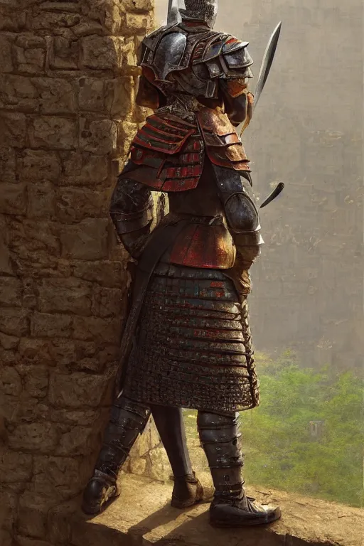 Prompt: A highly detailed painting of a male warrior on a castle wall by Craig Mullins and Marc Simonetti, two swords, white hair, young man, samurai armor, trending on artstation, 4k, octane render, unreal engine,