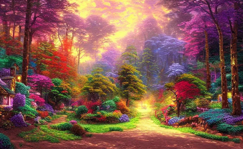 Prompt: psychedelic candy!!!!!!!!!!!!! forest by thomas kinkade, matte painting, intricate details, fine brush