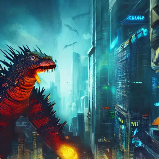 Prompt: an epic painting of minion as godzilla, destroying cyberpunk megapolis, oil on canvas, perfect composition, golden ratio, beautiful detailed, photorealistic, digital painting, concept art, smooth, sharp focus, illustration, fantasy background, artstation trending, octane render, unreal engine